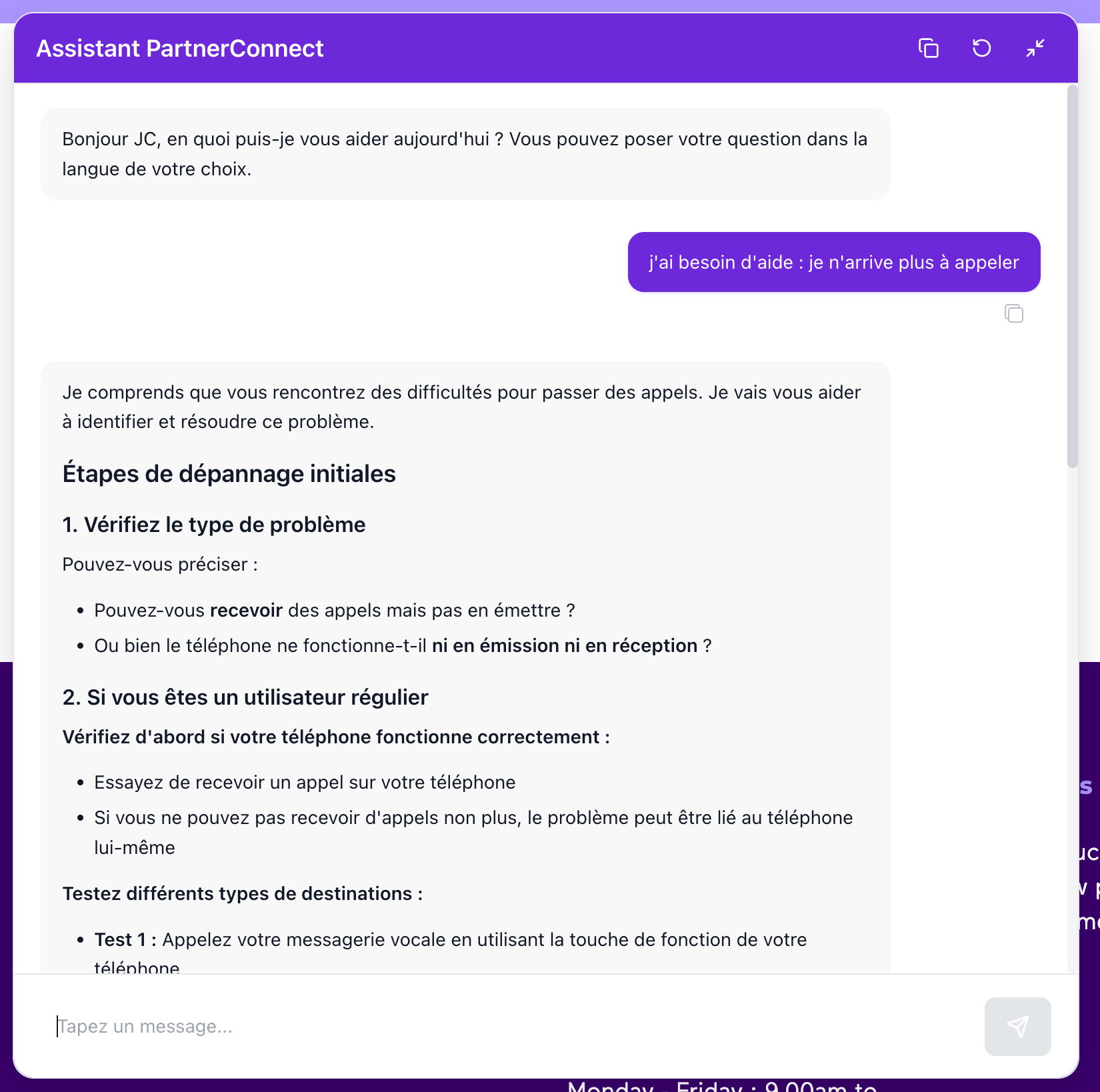Example of a product support assistant helping a user through a complex feature